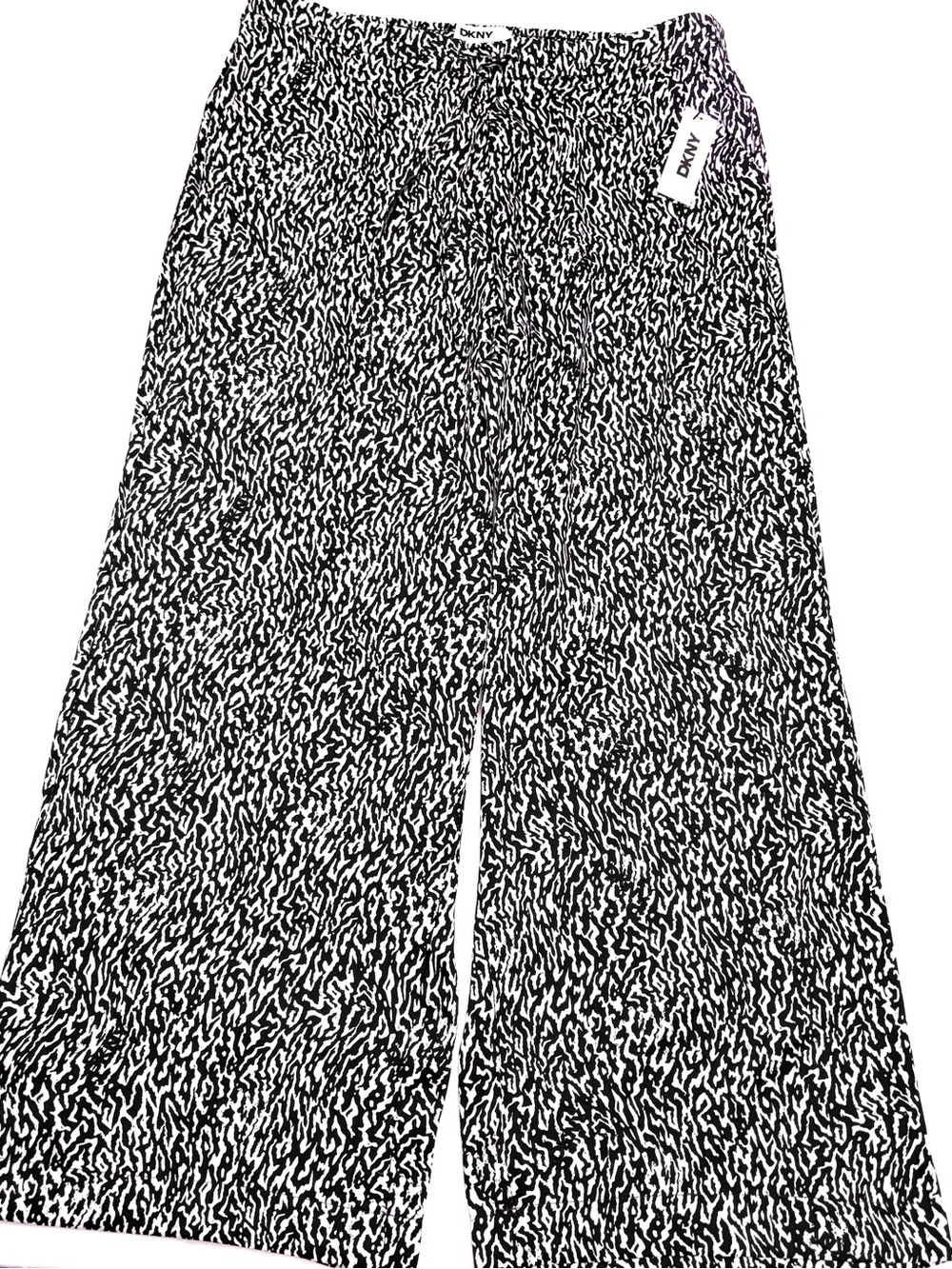 DKNY Wide Leg Pants Women’s XL Black White Ikat Print Drawstring NWT